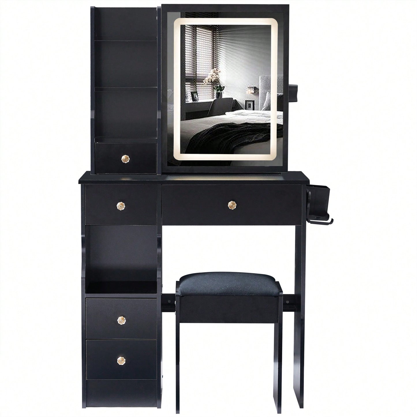 Compact Desktop Vanity Table with Cushioned Stool and Power Station, LED Touch Control Mirror with Tri-Color, Hair Dryer Holder