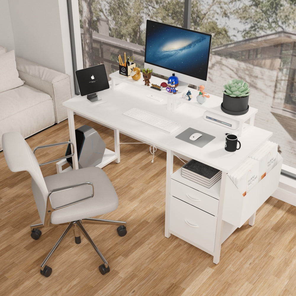 47 Inch Office Desk with Power Outlet Dual Monitor Stands Two Drawers Side Pocket Easy Assembly Reversible Frame for Home or Gaming White