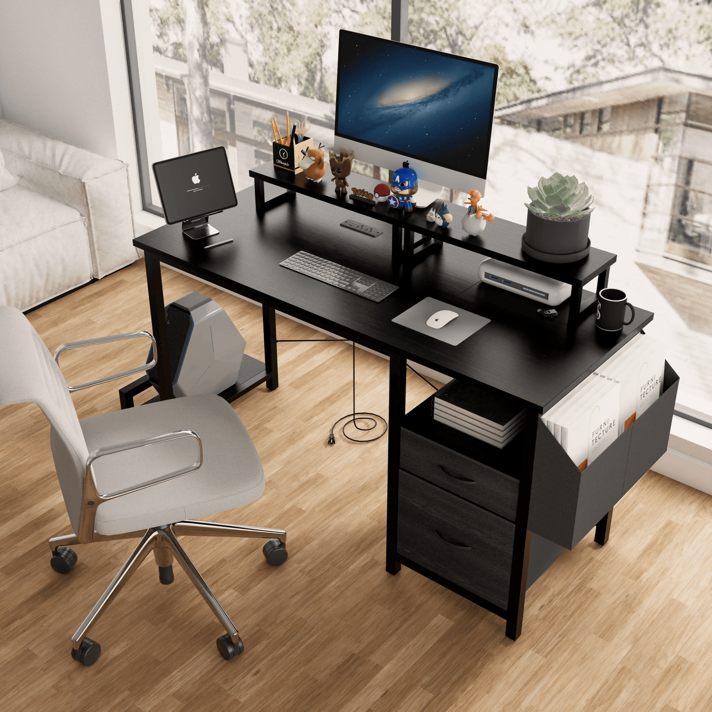 47 Inch Office Desk with Power Outlet Dual Monitor Stands Two Drawers Side Pocket Easy Assembly Reversible Frame for Home or Gaming White