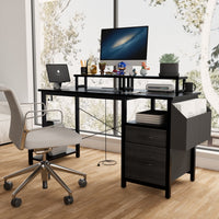 47 Inch Office Desk with Power Outlet Dual Monitor Stands Two Drawers Side Pocket Easy Assembly Reversible Frame for Home or Gaming White