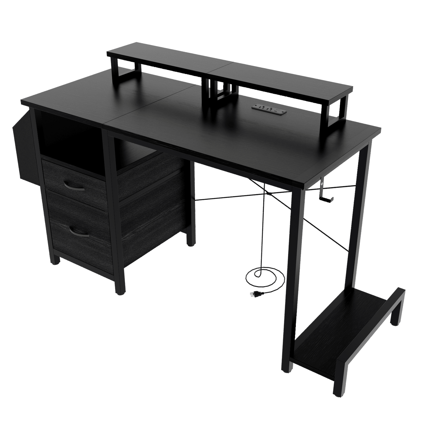 47 Inch Office Desk with Power Outlet Dual Monitor Stands Two Drawers Side Pocket Easy Assembly Reversible Frame for Home or Gaming White