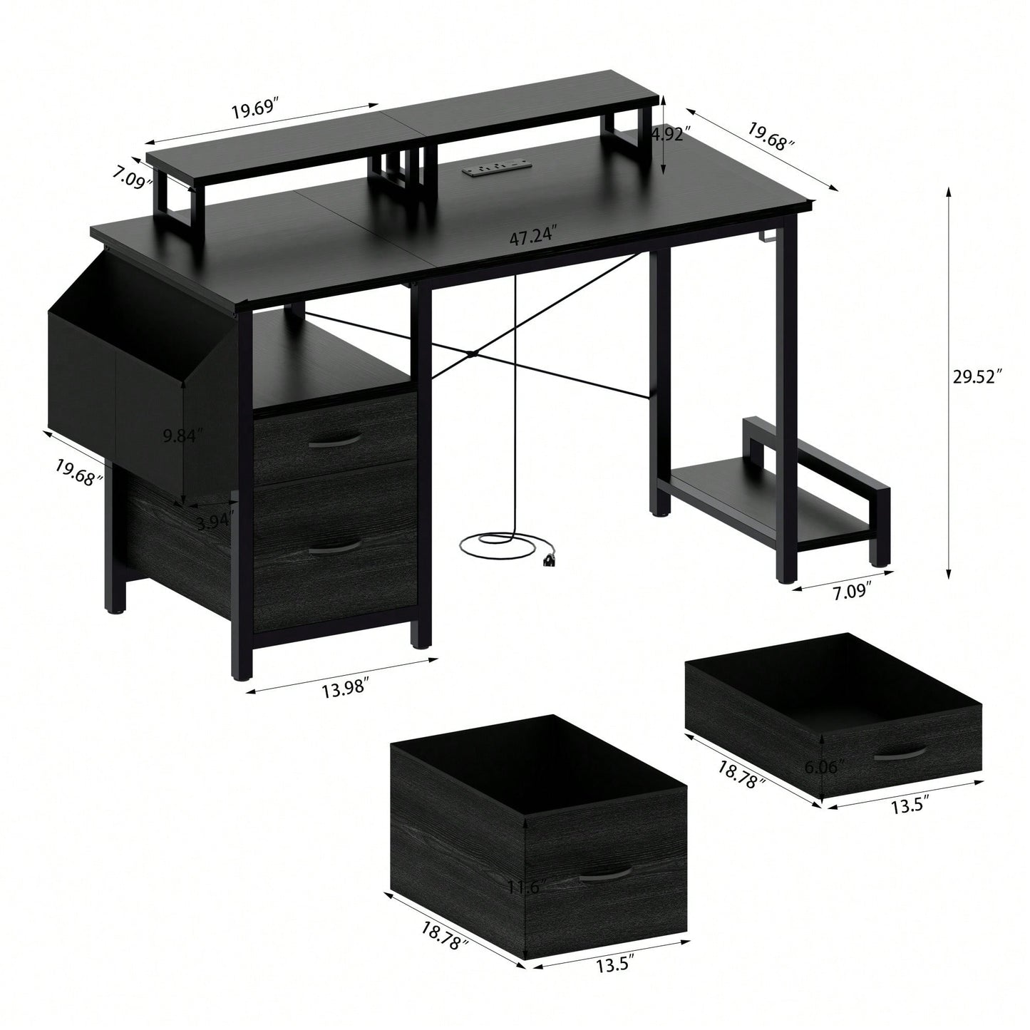 47 Inch Office Desk with Power Outlet Dual Monitor Stands Two Drawers Side Pocket Easy Assembly Reversible Frame for Home or Gaming White