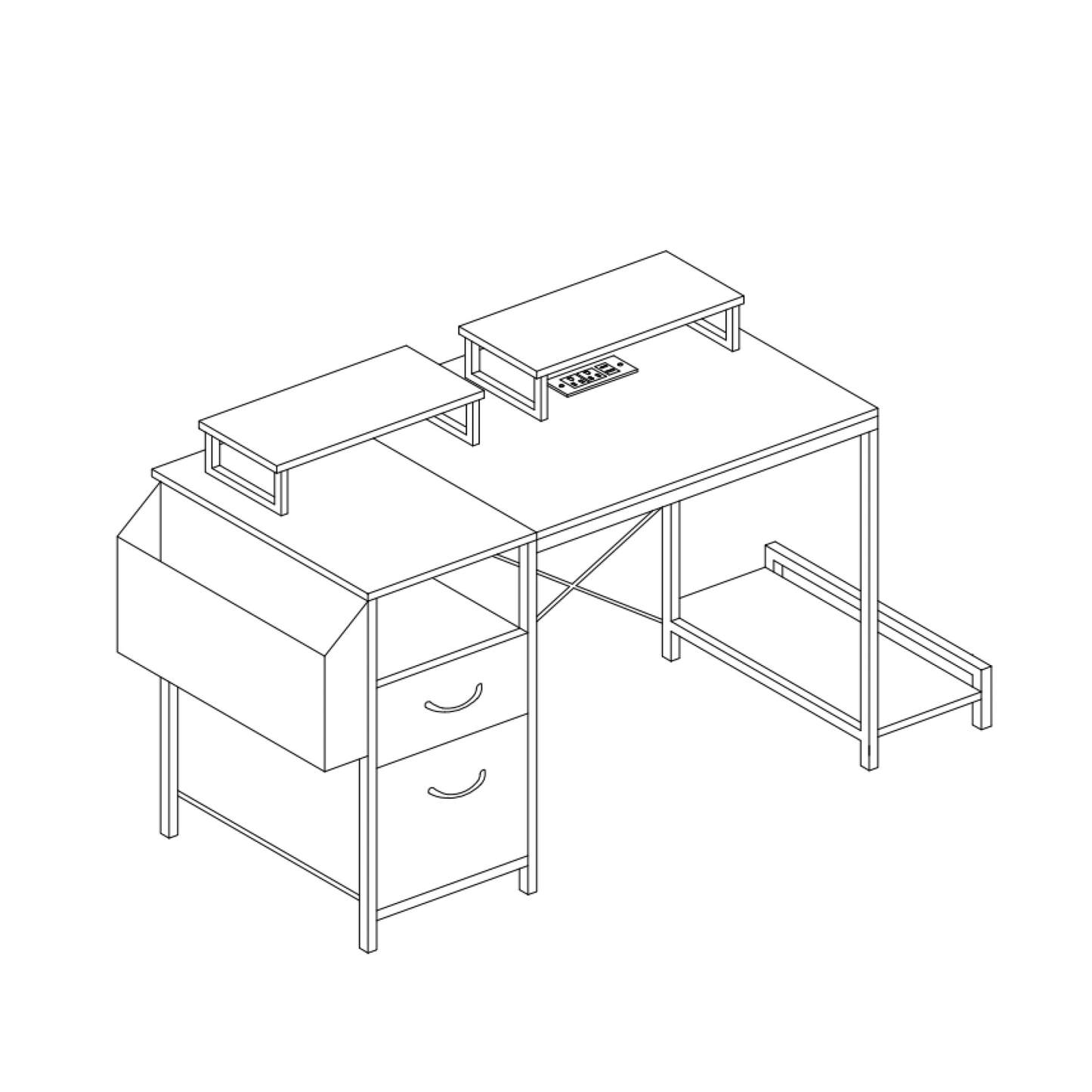 47 Inch Office Desk with Power Outlet Dual Monitor Stands Two Drawers Side Pocket Easy Assembly Reversible Frame for Home or Gaming White