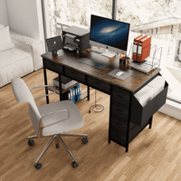 47 Inch Rustic Brown Computer Desk With Power Outlet And 7 Fabric Drawers, Versatile Writing And Vanity Table With Large Side Pocket