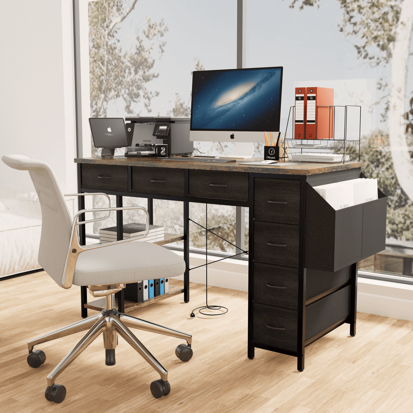 47 Inch Rustic Brown Computer Desk With Power Outlet And 7 Fabric Drawers, Versatile Writing And Vanity Table With Large Side Pocket