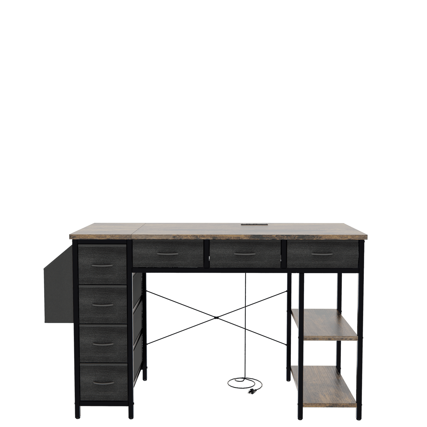 47 Inch Rustic Brown Computer Desk With Power Outlet And 7 Fabric Drawers, Versatile Writing And Vanity Table With Large Side Pocket