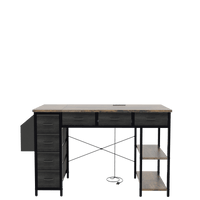 47 Inch Rustic Brown Computer Desk With Power Outlet And 7 Fabric Drawers, Versatile Writing And Vanity Table With Large Side Pocket