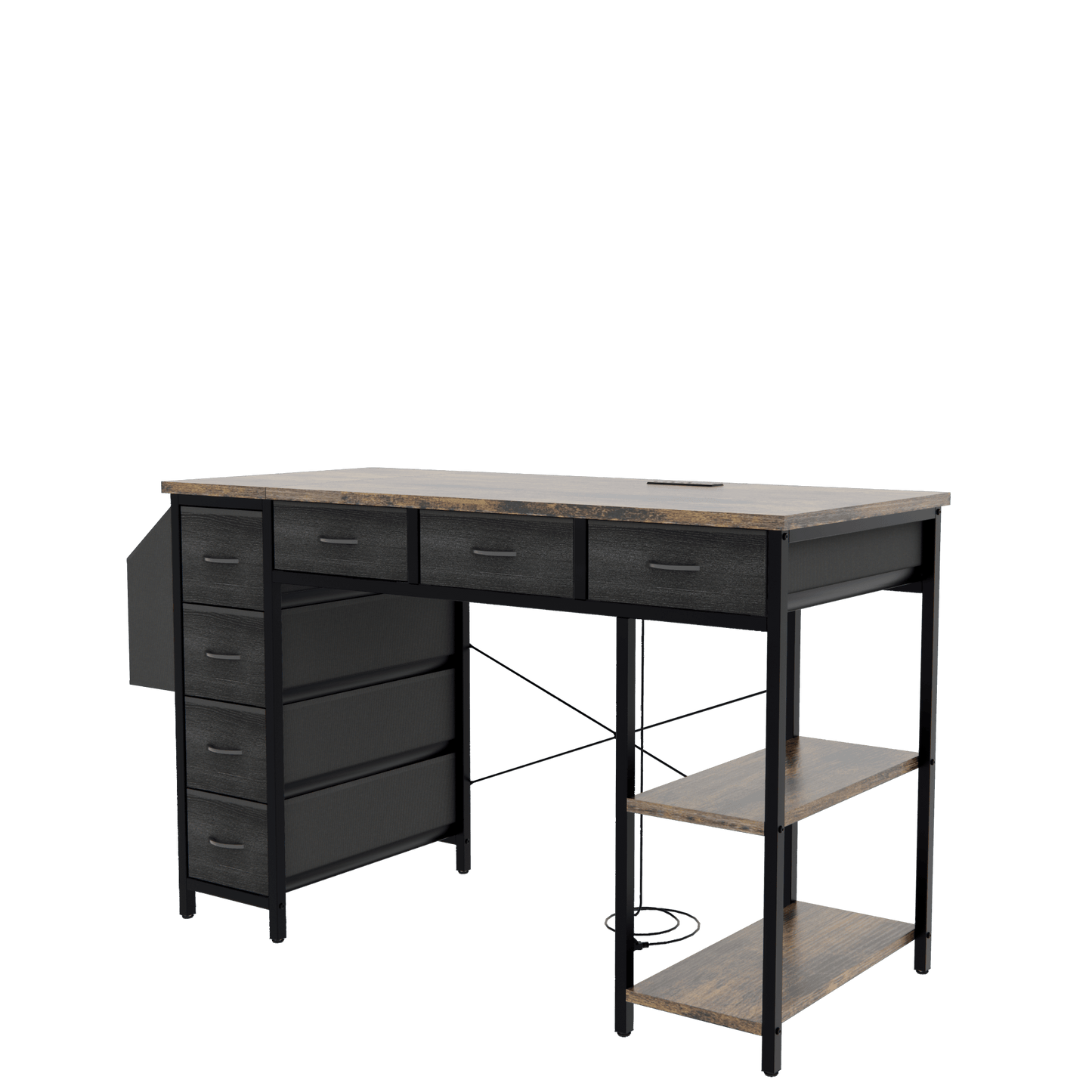 47 Inch Rustic Brown Computer Desk With Power Outlet And 7 Fabric Drawers, Versatile Writing And Vanity Table With Large Side Pocket