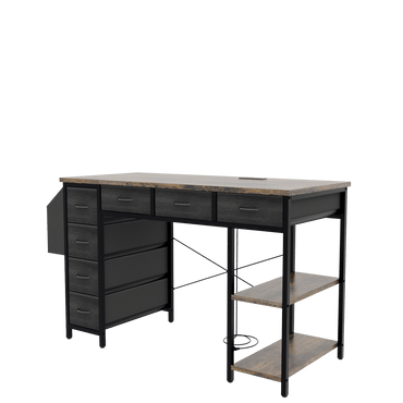 47 Inch Rustic Brown Computer Desk With Power Outlet And 7 Fabric Drawers, Versatile Writing And Vanity Table With Large Side Pocket