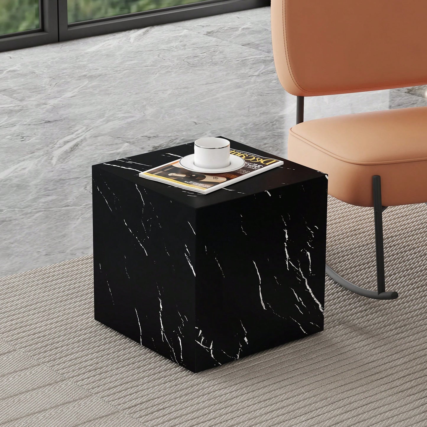 15.7 Inch Black Marble Texture MDF Coffee Table Stylish Cube Design For Living Room Accent