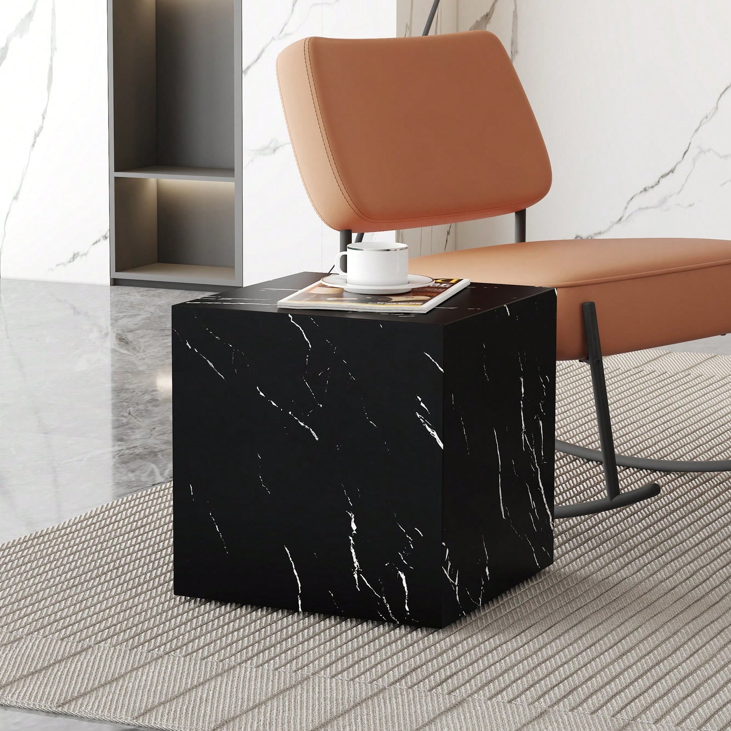 15.7 Inch Black Marble Texture MDF Coffee Table Stylish Cube Design For Living Room Accent