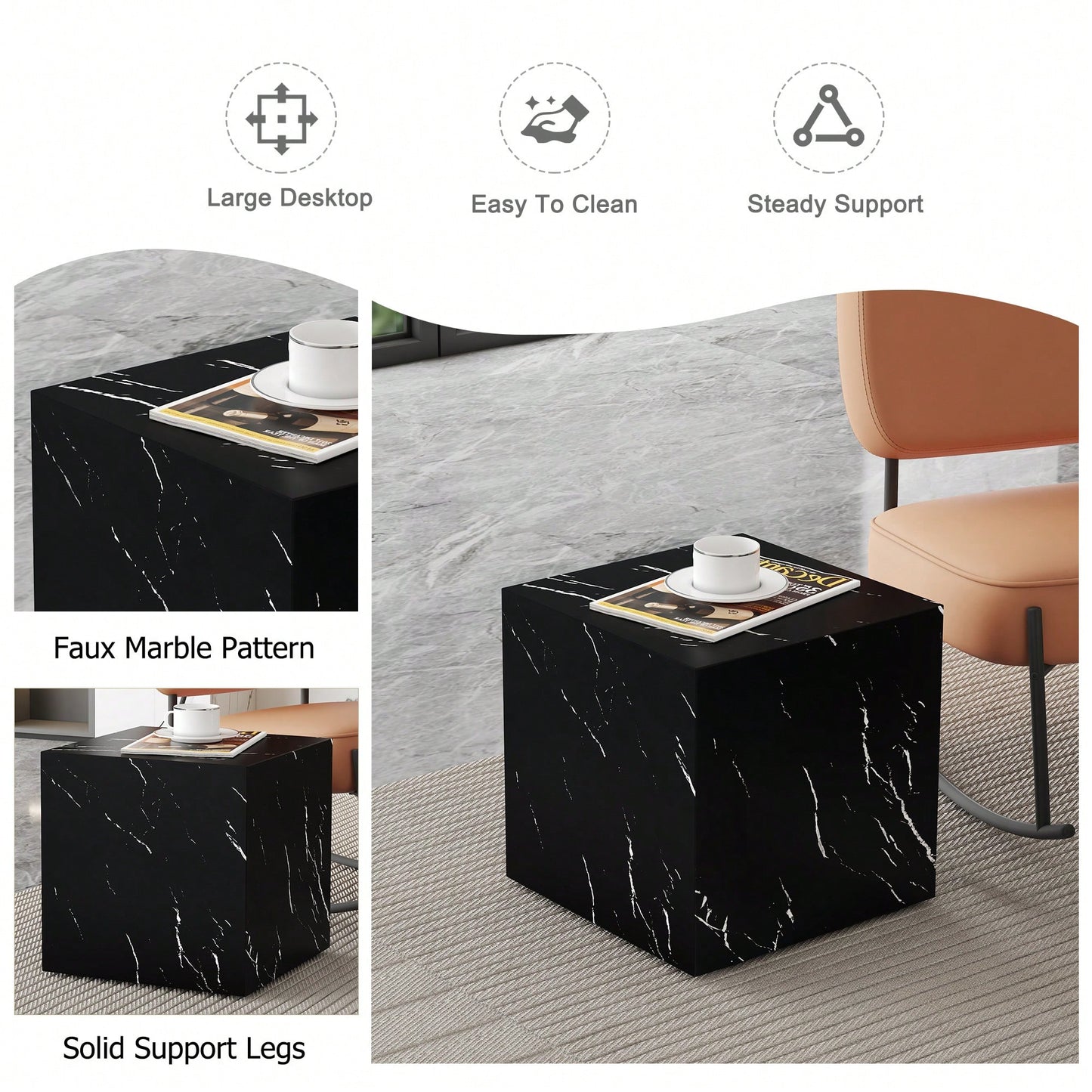 15.7 Inch Black Marble Texture MDF Coffee Table Stylish Cube Design For Living Room Accent