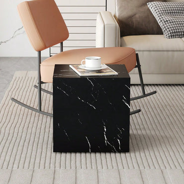 15.7 Inch Black Marble Texture MDF Coffee Table Stylish Cube Design For Living Room Accent