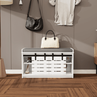 Stylish 2-Tier Shoe Storage Bench With Sliding Barn Doors And Removable Soft Cushion For Entryway Hallway Or Bedroom In White