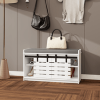 Stylish 2-Tier Shoe Storage Bench With Sliding Barn Doors And Removable Soft Cushion For Entryway Hallway Or Bedroom In White