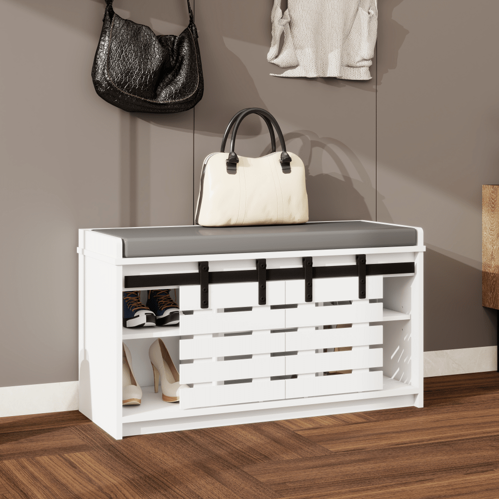 Stylish 2-Tier Shoe Storage Bench With Sliding Barn Doors And Removable Soft Cushion For Entryway Hallway Or Bedroom In White