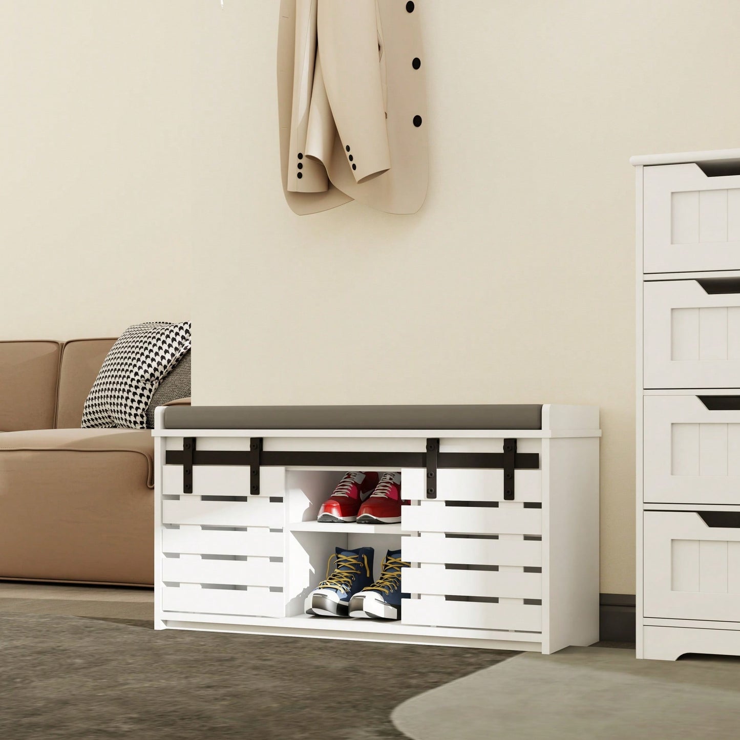 Stylish 2-Tier Shoe Storage Bench With Sliding Barn Doors And Removable Soft Cushion For Entryway Hallway Or Bedroom In White