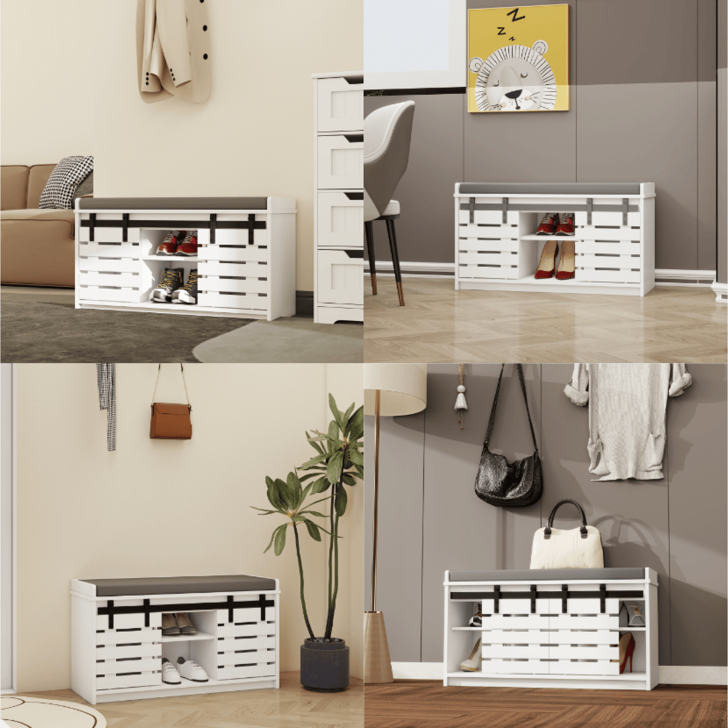 Stylish 2-Tier Shoe Storage Bench With Sliding Barn Doors And Removable Soft Cushion For Entryway Hallway Or Bedroom In White