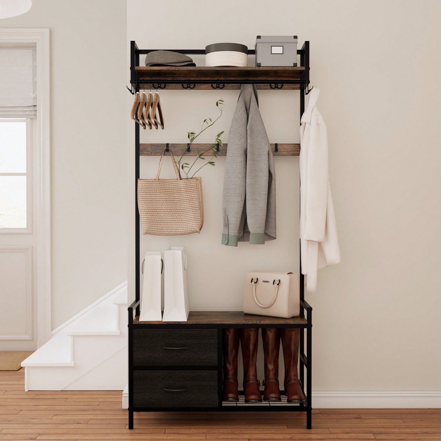 Versatile 5-In-1 Entryway Bench With Shoe Storage, Movable Drawers, Shelves, Garment Racks, And 23 Hooks For Organized Hallway Solutions