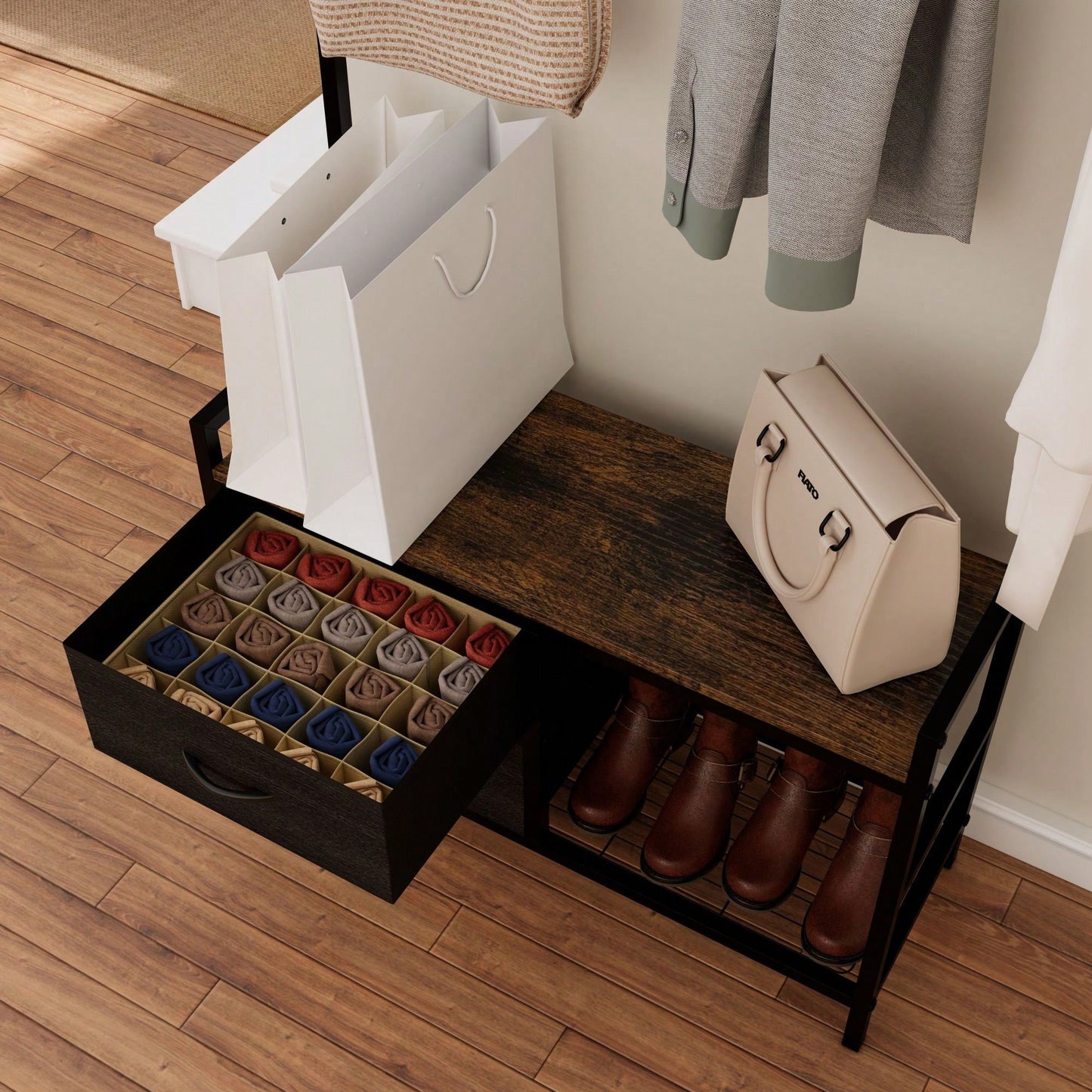 Versatile 5-In-1 Entryway Bench With Shoe Storage, Movable Drawers, Shelves, Garment Racks, And 23 Hooks For Organized Hallway Solutions