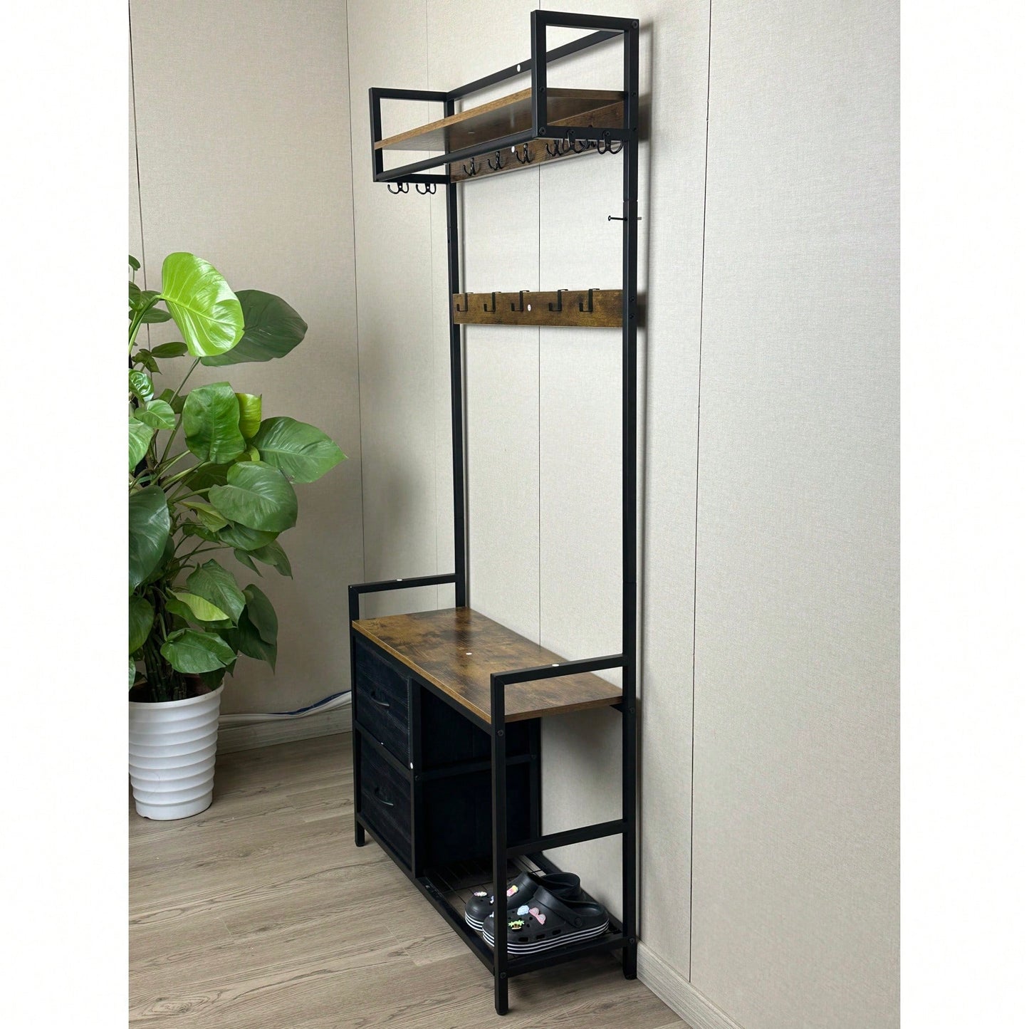 Versatile 5-In-1 Entryway Bench With Shoe Storage, Movable Drawers, Shelves, Garment Racks, And 23 Hooks For Organized Hallway Solutions