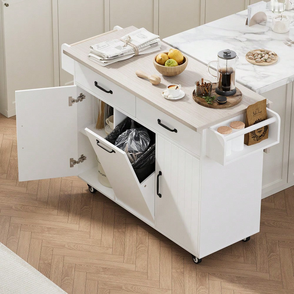 Versatile Kitchen Island With Trash Can Storage, Drop Leaf Design, Spice Rack, Towel Rack, Drawer, And Rolling Wheels In White