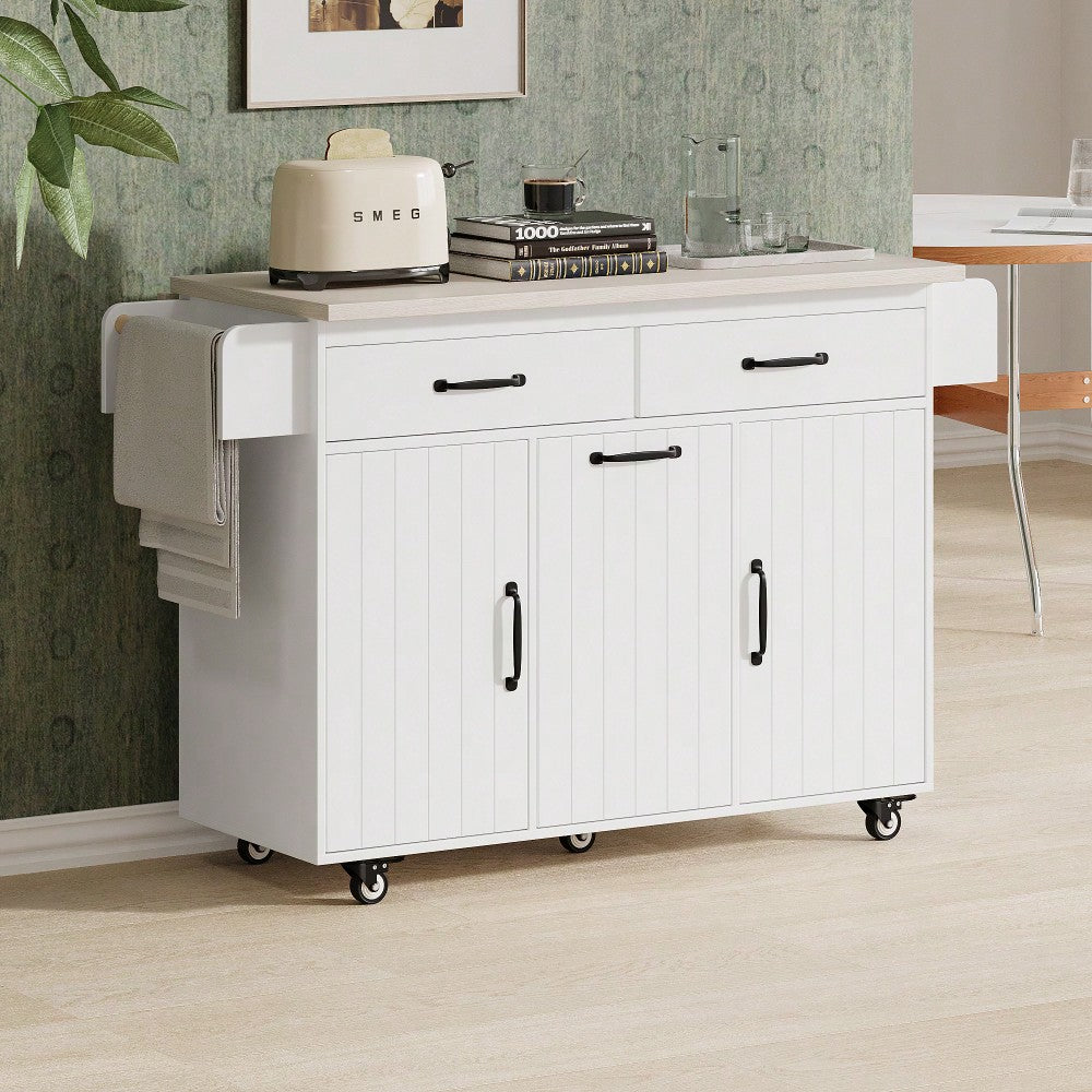 Versatile Kitchen Island With Trash Can Storage, Drop Leaf Design, Spice Rack, Towel Rack, Drawer, And Rolling Wheels In White