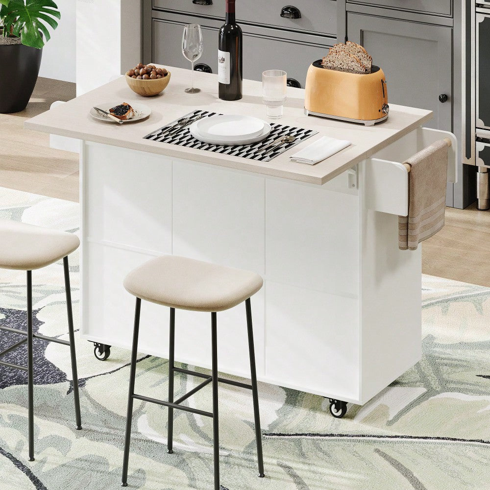 Versatile Kitchen Island With Trash Can Storage, Drop Leaf Design, Spice Rack, Towel Rack, Drawer, And Rolling Wheels In White