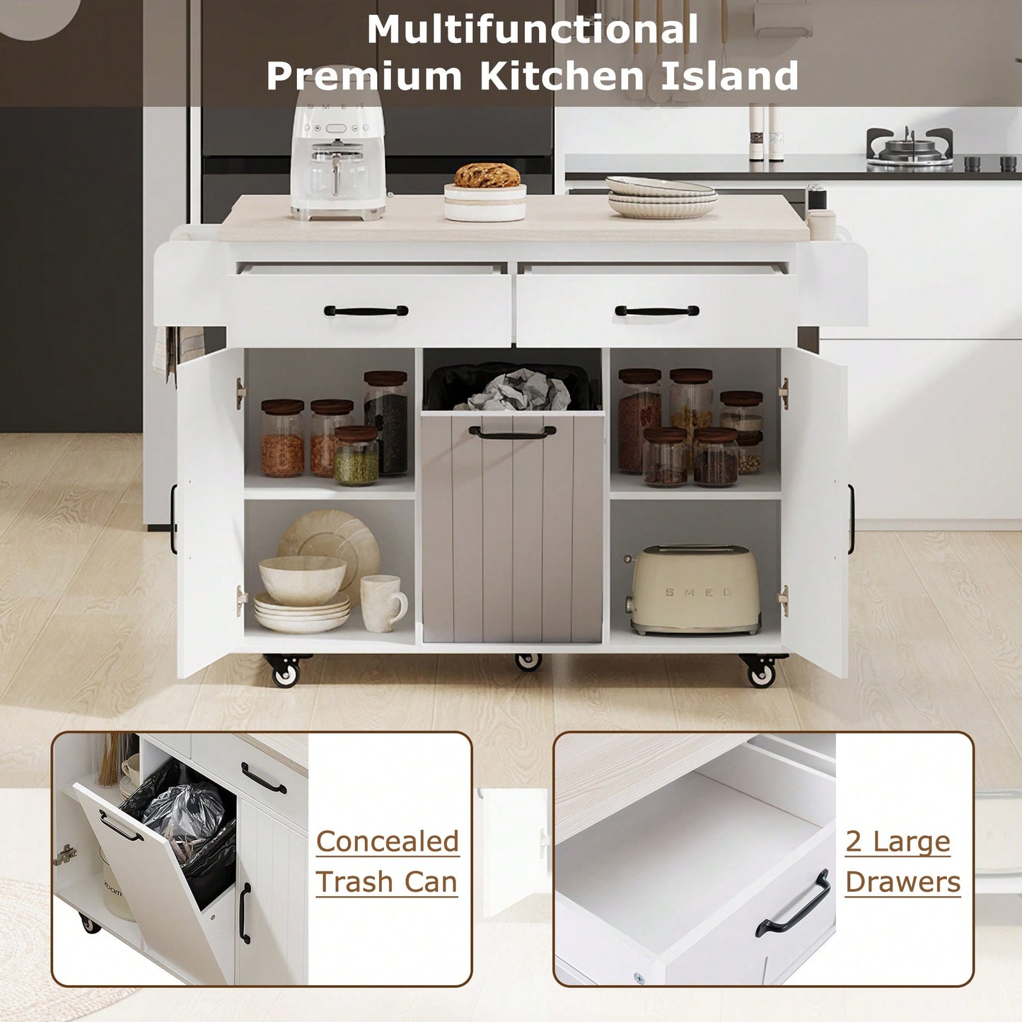 Versatile Kitchen Island With Trash Can Storage, Drop Leaf Design, Spice Rack, Towel Rack, Drawer, And Rolling Wheels In White