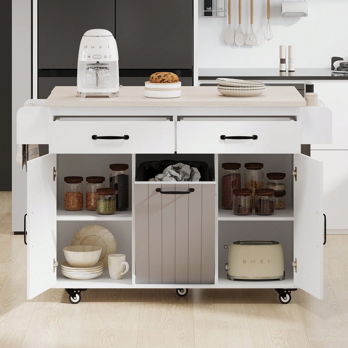 Versatile Kitchen Island With Trash Can Storage, Drop Leaf Design, Spice Rack, Towel Rack, Drawer, And Rolling Wheels In White