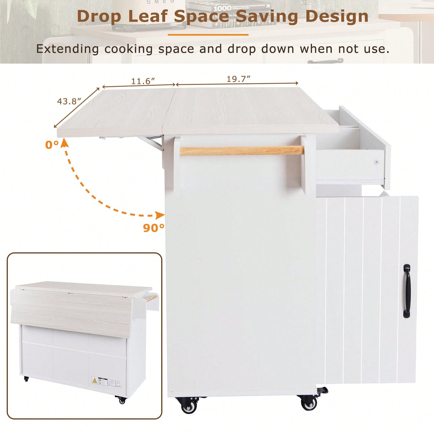 Versatile Kitchen Island With Trash Can Storage, Drop Leaf Design, Spice Rack, Towel Rack, Drawer, And Rolling Wheels In White