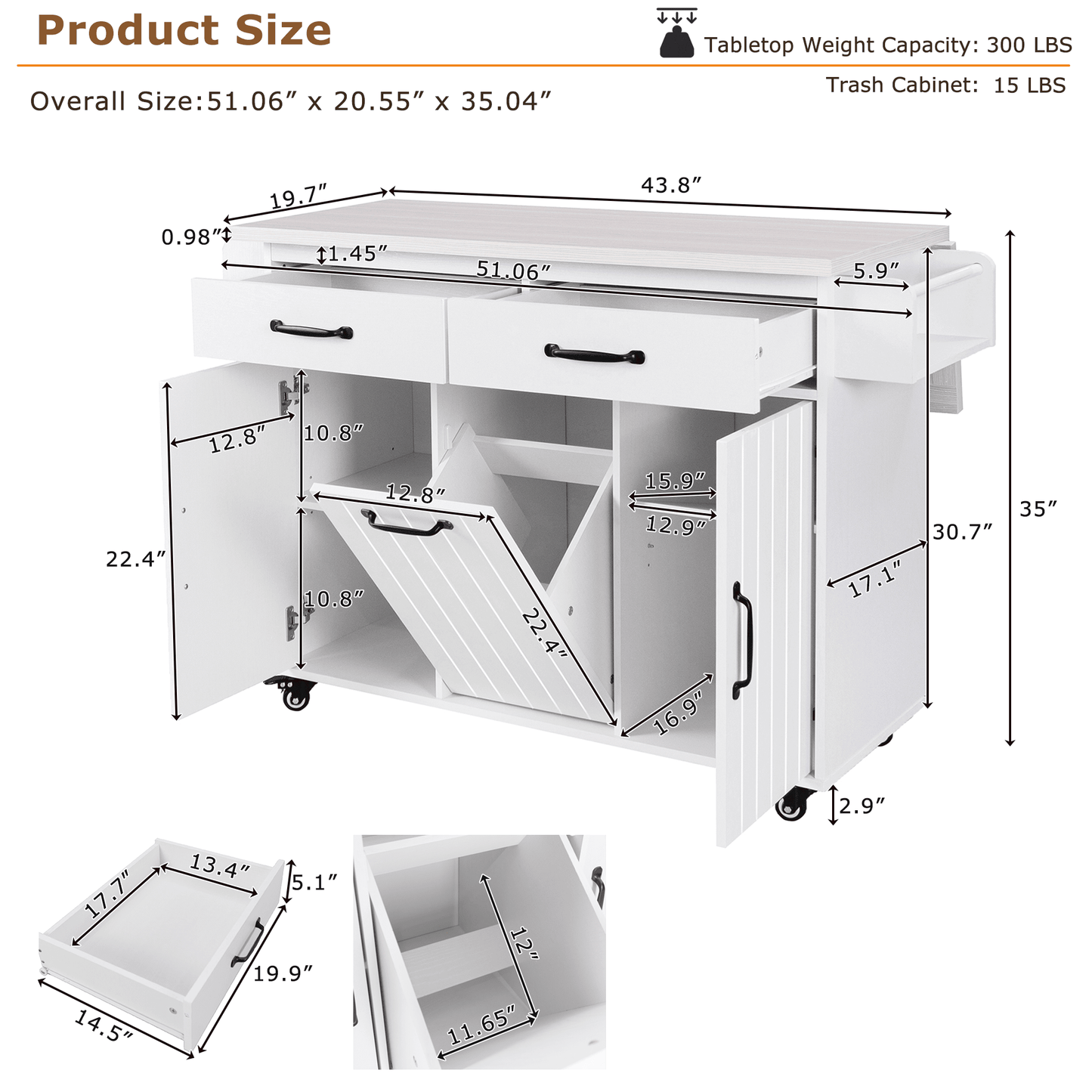 Versatile Kitchen Island With Trash Can Storage, Drop Leaf Design, Spice Rack, Towel Rack, Drawer, And Rolling Wheels In White