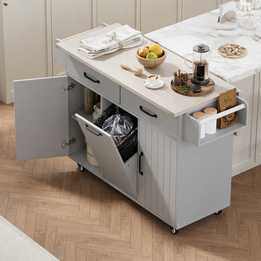 Versatile Kitchen Island With Trash Can Storage, Drop Leaf Design, Spice Rack, Towel Rack, Drawer, And Rolling Wheels In White