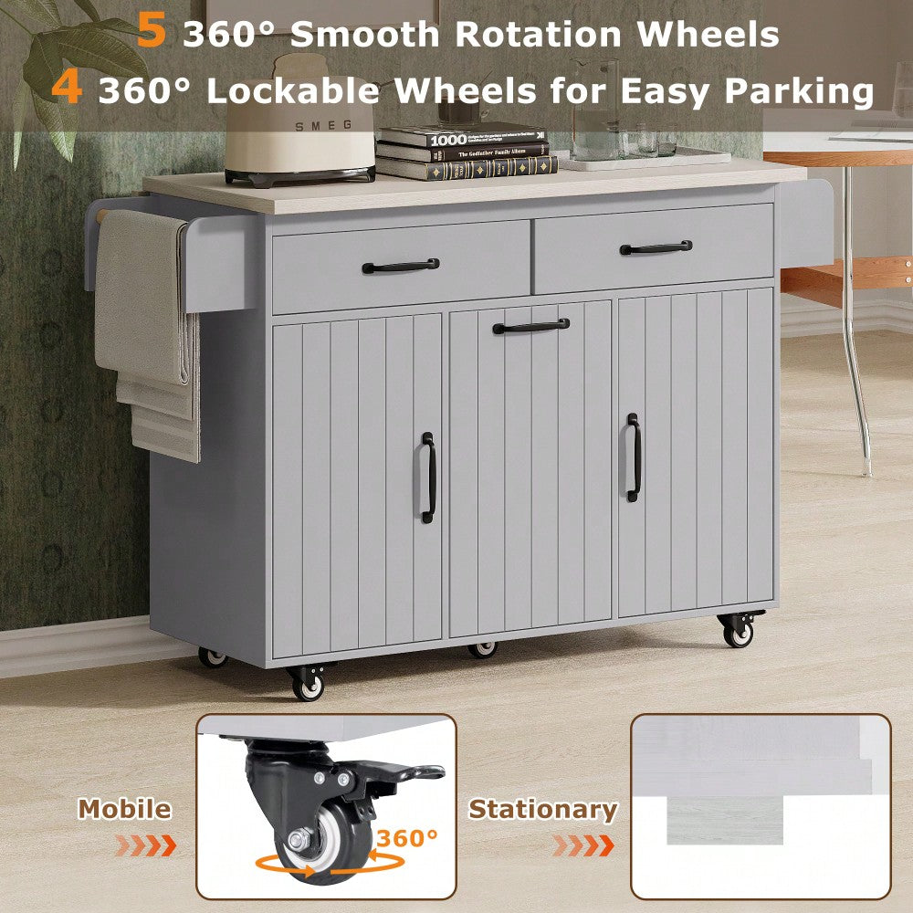 Versatile Kitchen Island With Trash Can Storage, Drop Leaf Design, Spice Rack, Towel Rack, Drawer, And Rolling Wheels In White