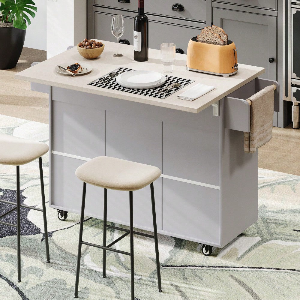 Versatile Kitchen Island With Trash Can Storage, Drop Leaf Design, Spice Rack, Towel Rack, Drawer, And Rolling Wheels In White