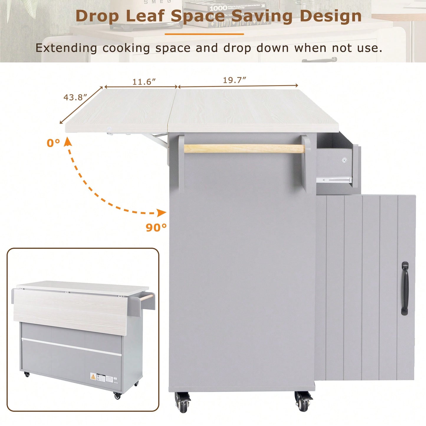 Versatile Kitchen Island With Trash Can Storage, Drop Leaf Design, Spice Rack, Towel Rack, Drawer, And Rolling Wheels In White