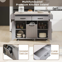 Versatile Kitchen Island With Trash Can Storage, Drop Leaf Design, Spice Rack, Towel Rack, Drawer, And Rolling Wheels In White