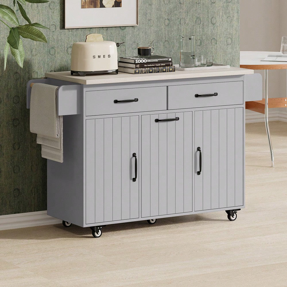 Versatile Kitchen Island With Trash Can Storage, Drop Leaf Design, Spice Rack, Towel Rack, Drawer, And Rolling Wheels In White