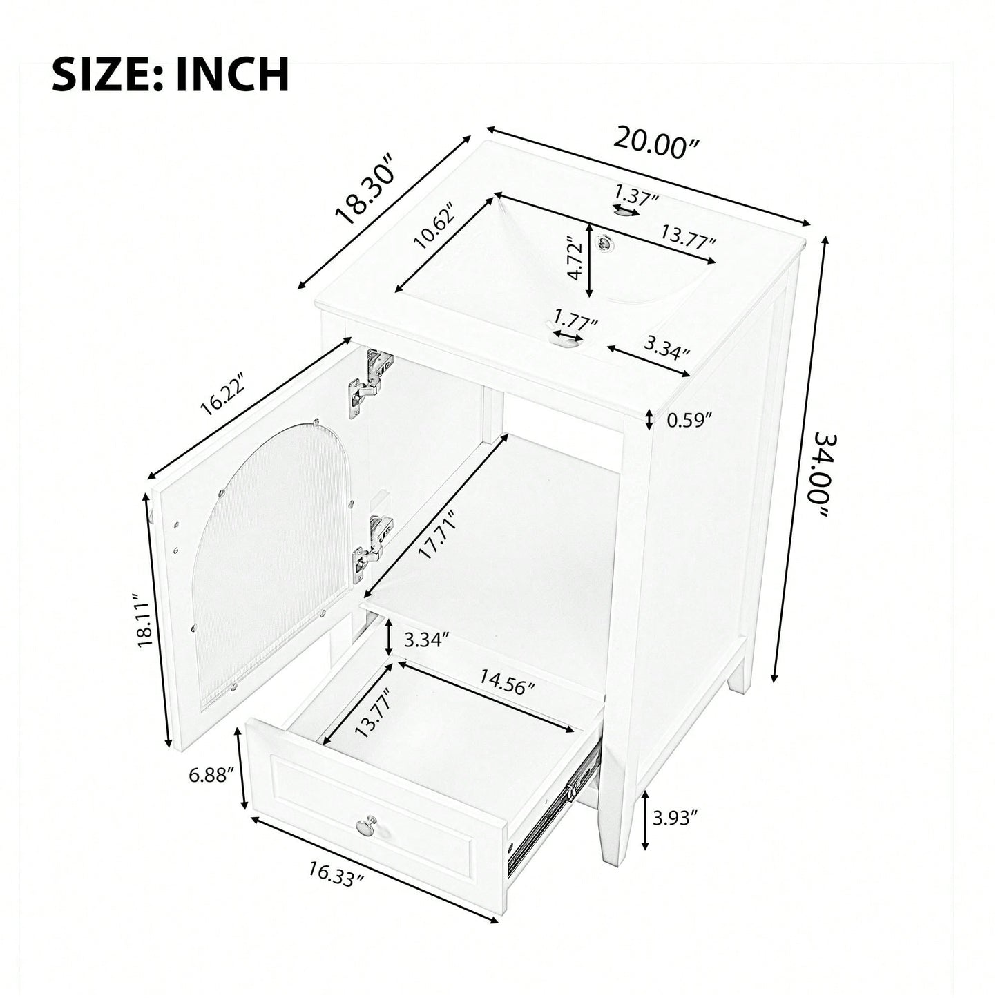 20 Inch White Bathroom Vanity With Sink Soft Closing Glass Door And Drawer Storage