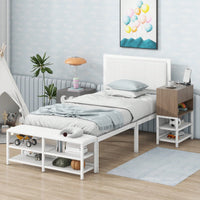 Twin Metal Platform Bed With Double Storage Shelves And Wooden Cabinet In White