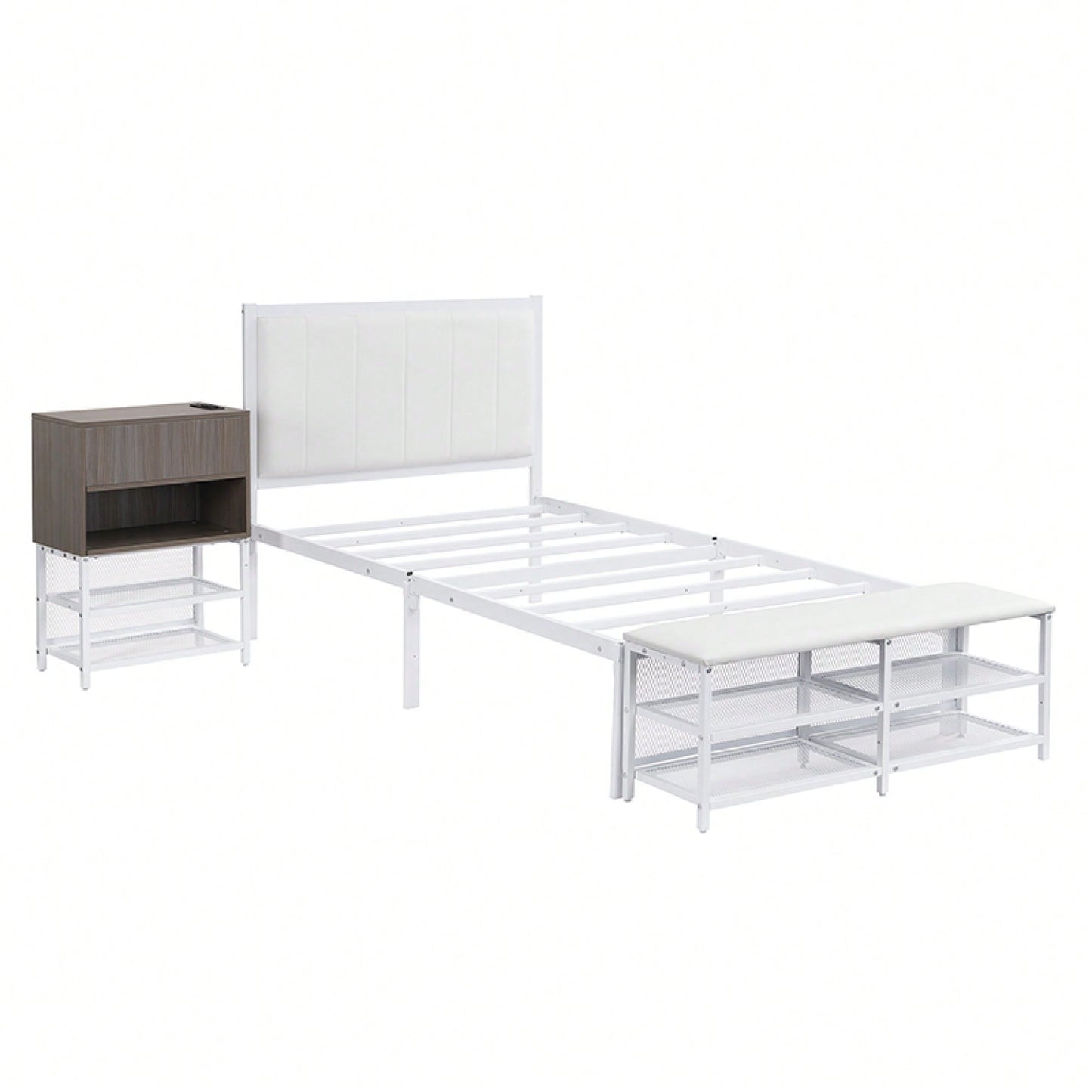 Twin Metal Platform Bed With Double Storage Shelves And Wooden Cabinet In White