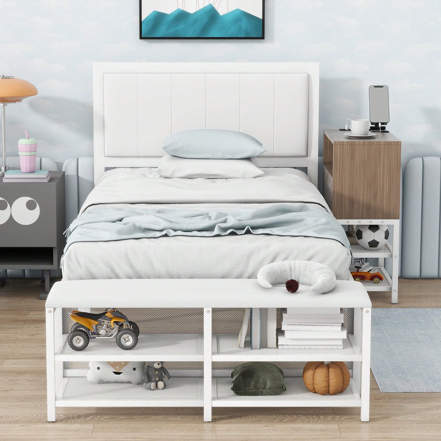 Twin Metal Platform Bed With Double Storage Shelves And Wooden Cabinet In White