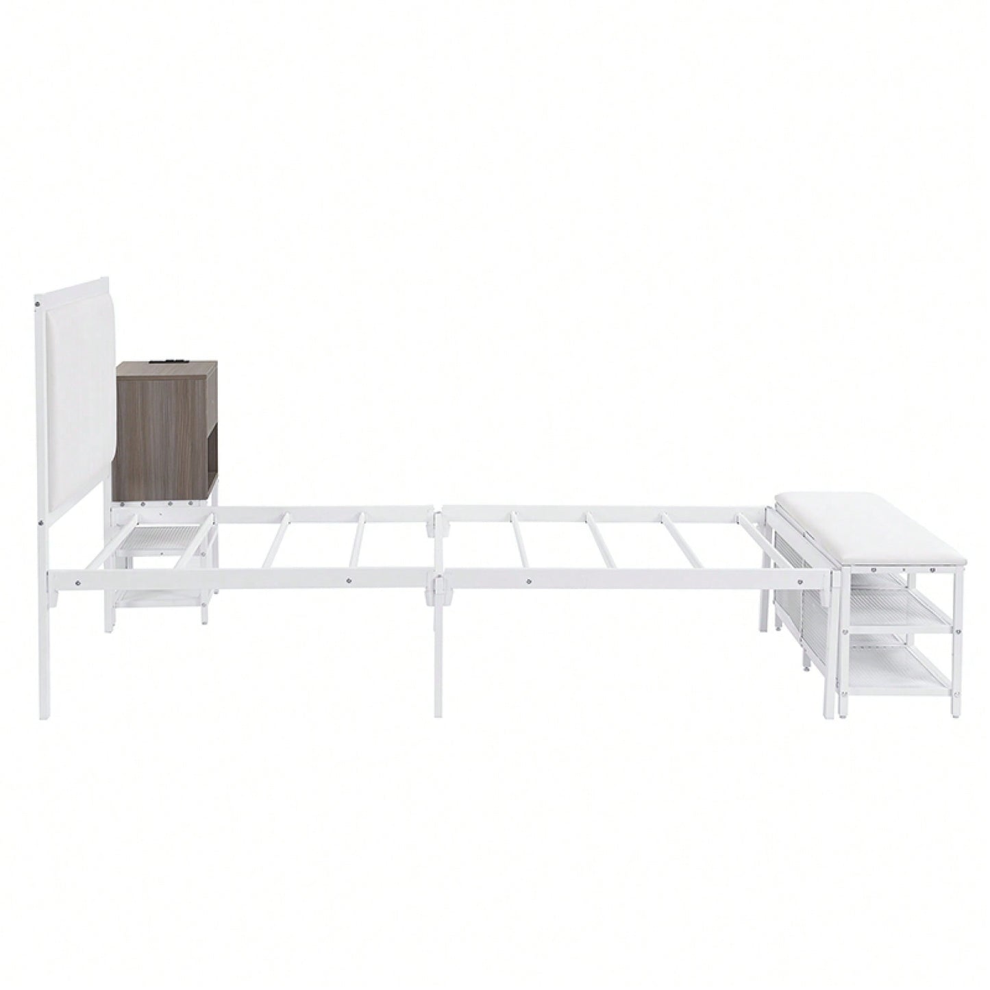 Twin Metal Platform Bed With Double Storage Shelves And Wooden Cabinet In White