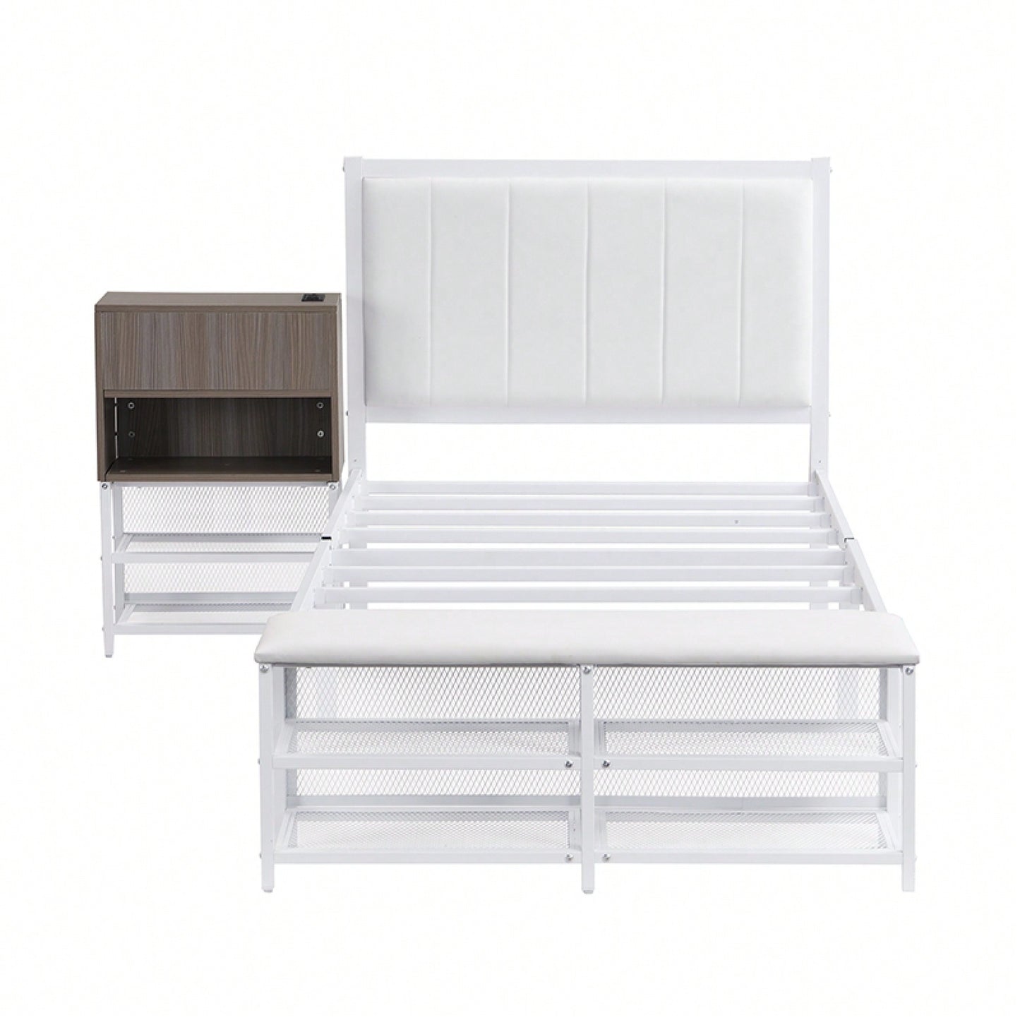 Twin Metal Platform Bed With Double Storage Shelves And Wooden Cabinet In White