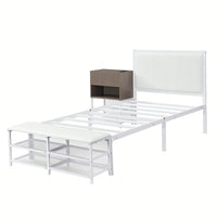 Twin Metal Platform Bed With Double Storage Shelves And Wooden Cabinet In White