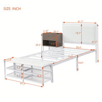 Twin Metal Platform Bed With Double Storage Shelves And Wooden Cabinet In White