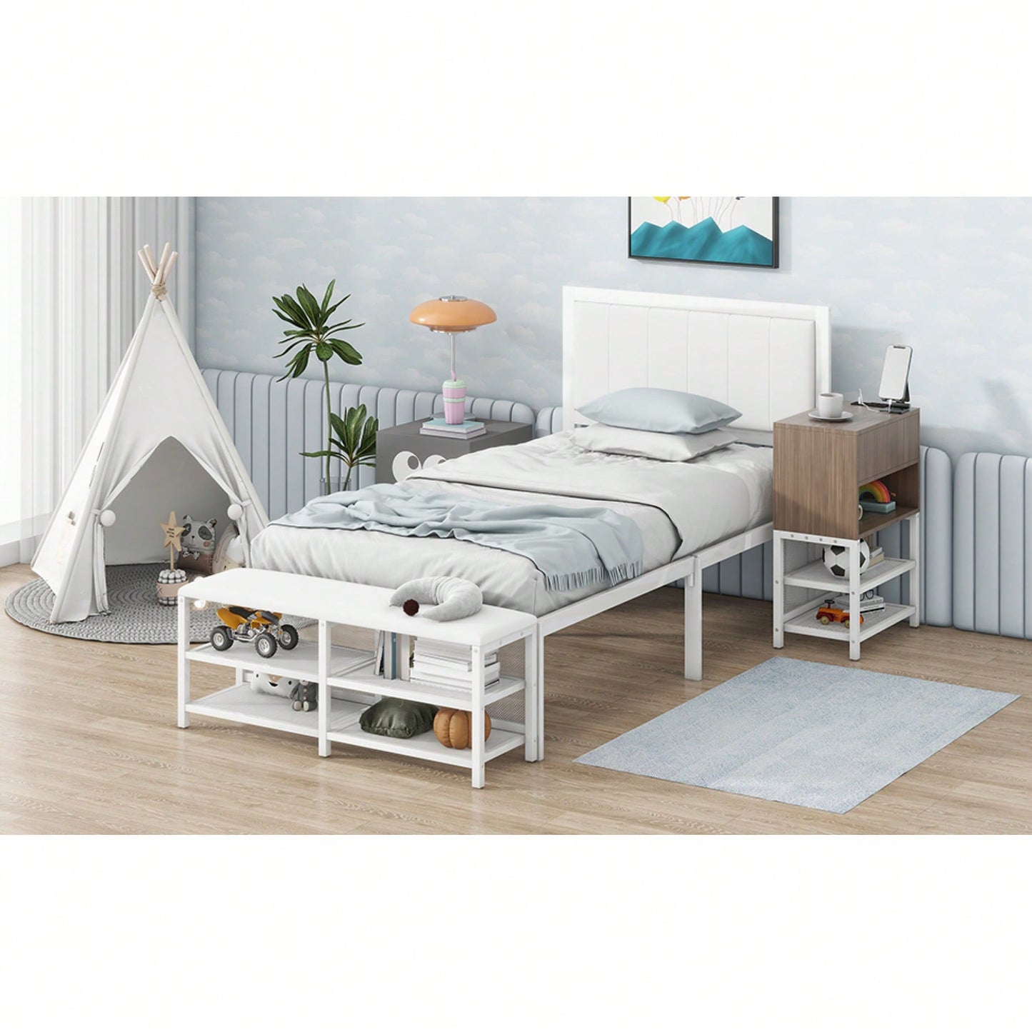 Twin Metal Platform Bed With Double Storage Shelves And Wooden Cabinet In White