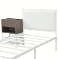 Twin Metal Platform Bed With Double Storage Shelves And Wooden Cabinet In White