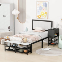 Twin Metal Platform Bed With Double Storage Shelves And Wooden Cabinet In White