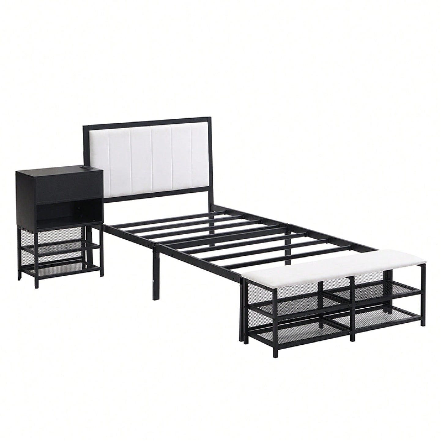 Twin Metal Platform Bed With Double Storage Shelves And Wooden Cabinet In White